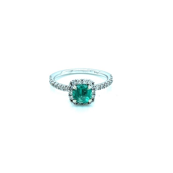 14K White Gold Ring with Emerald and Diamond Accents